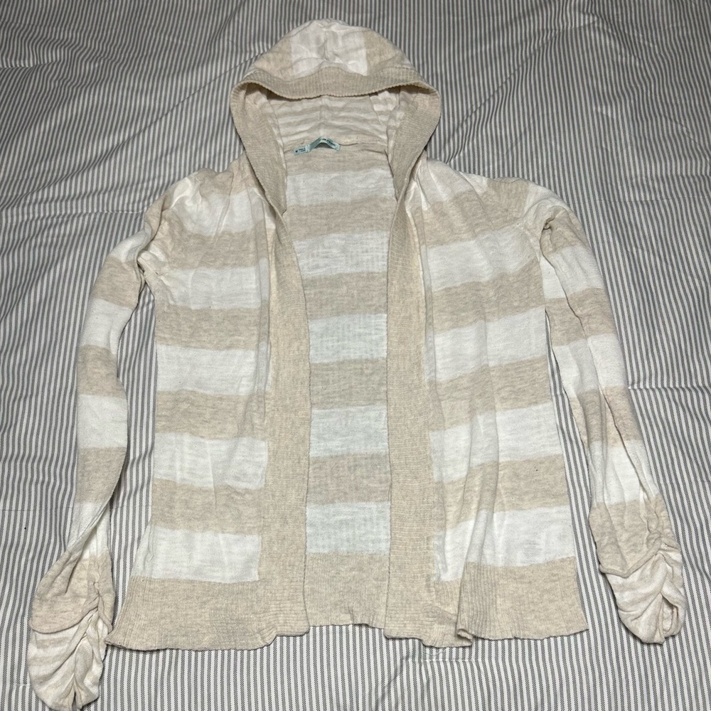 Maurices Cream and White Striped Hooded Cardigan